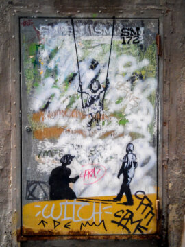 Barcelona Street Photography, SM 172, girl on swing, street art stencil