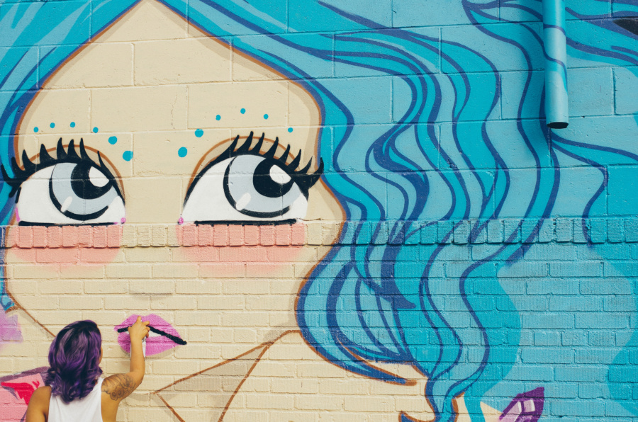 Finishing the Blue Hair Mural Lips on the Bushwick Collective Block Party 2016