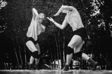 On Stage dance performance by an unnamed group, choreographed by Patrick Obrien, during a summer rain in the Socrates Sculpture Garden Quens, New York City, 2016
